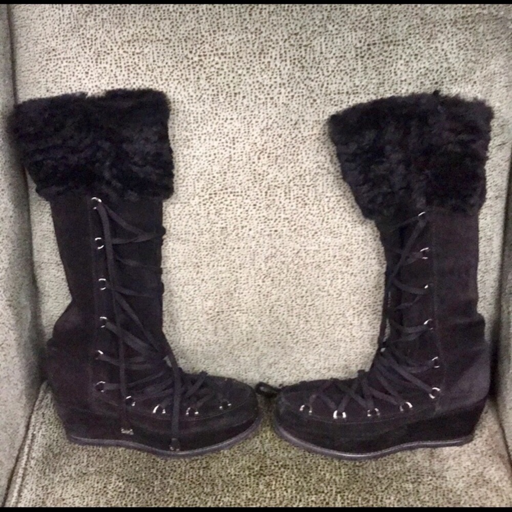 stuart weitzman black suede platform lace up boot